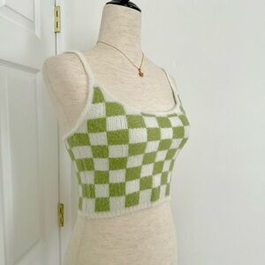 PacSun (L. A. Hearts) Green and White Checkered Fuzzy Tank Top